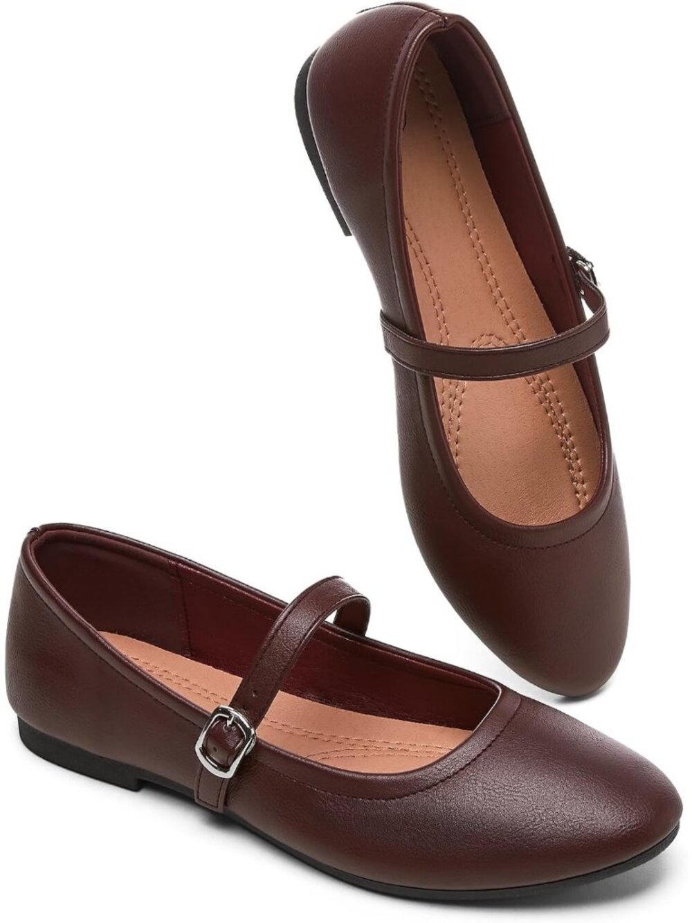 Women's Red Leather Mary Janes Ballet Flats Soft Memory Foam Insole Dress Shoes